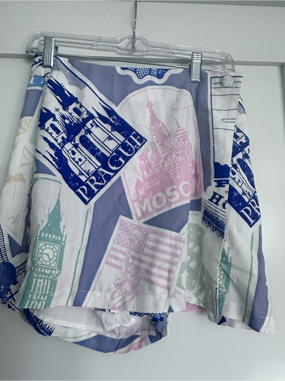 Travel-Print Wrap Skort in Lavender and Pastel Accents